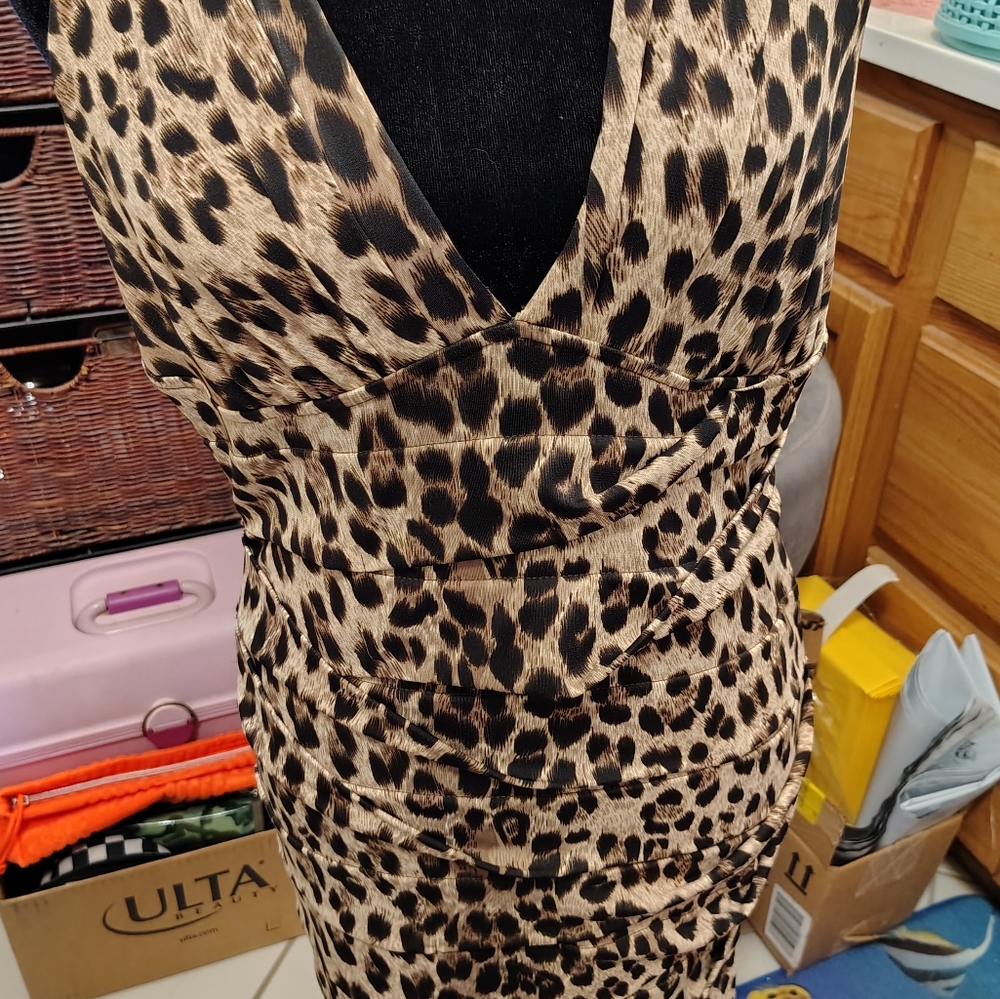 Leopard Print Deep V Neck Ruched Fitted Dress/ Twenty One/ NWOT